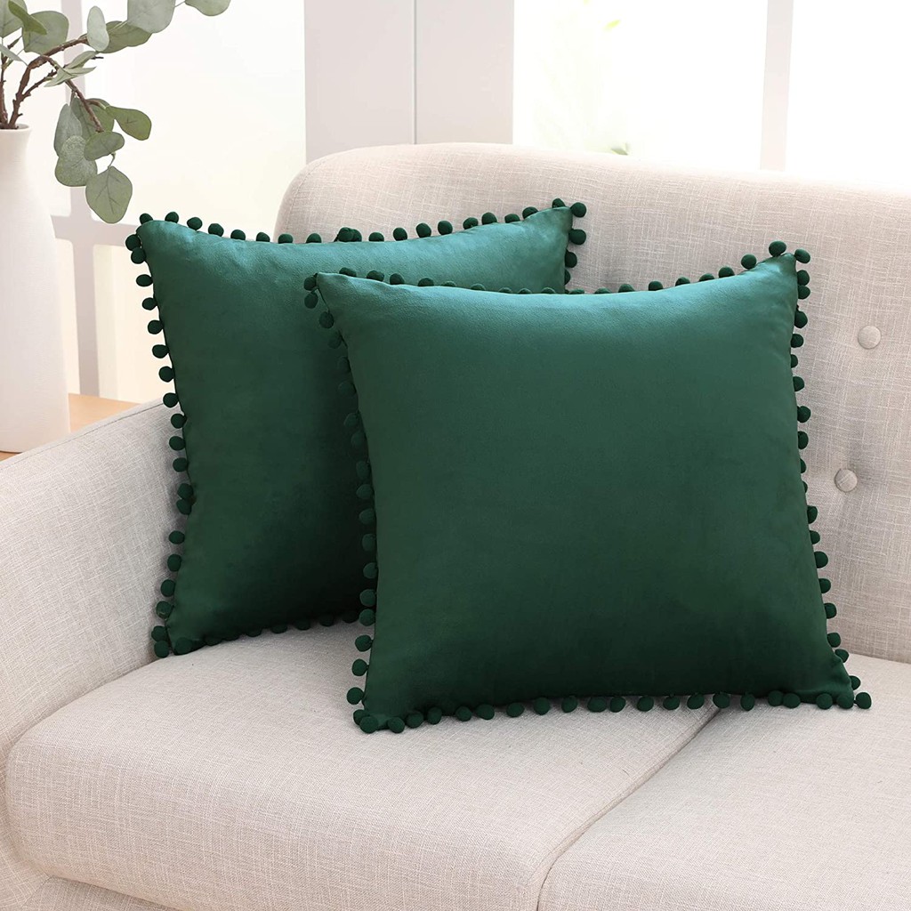 Velvet Cushion Covers Throw Pillow Decorative Soft Farmhouse Square  Pom-poms for Sofa Bedroom, 18x18 Inch Army Green
