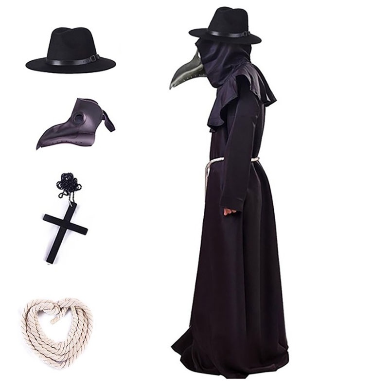 Halloween Plague Doctor Costume Medieval Hood Robe Dress Mask Hat Pest ...