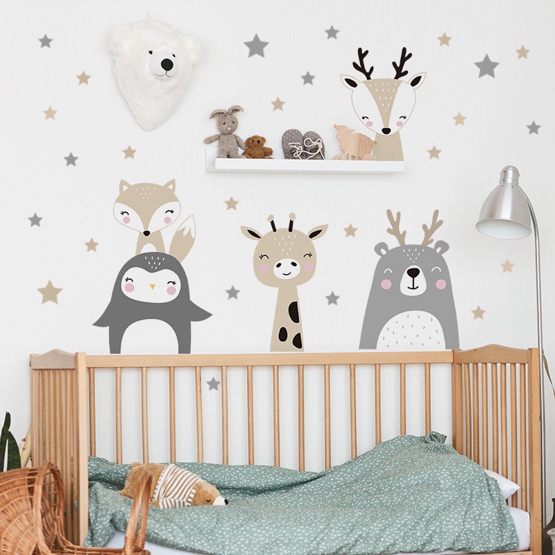 Animal Cartoon Wall Stickers for Kids Rooms Giraffe Fox 3D Wallpaper ...