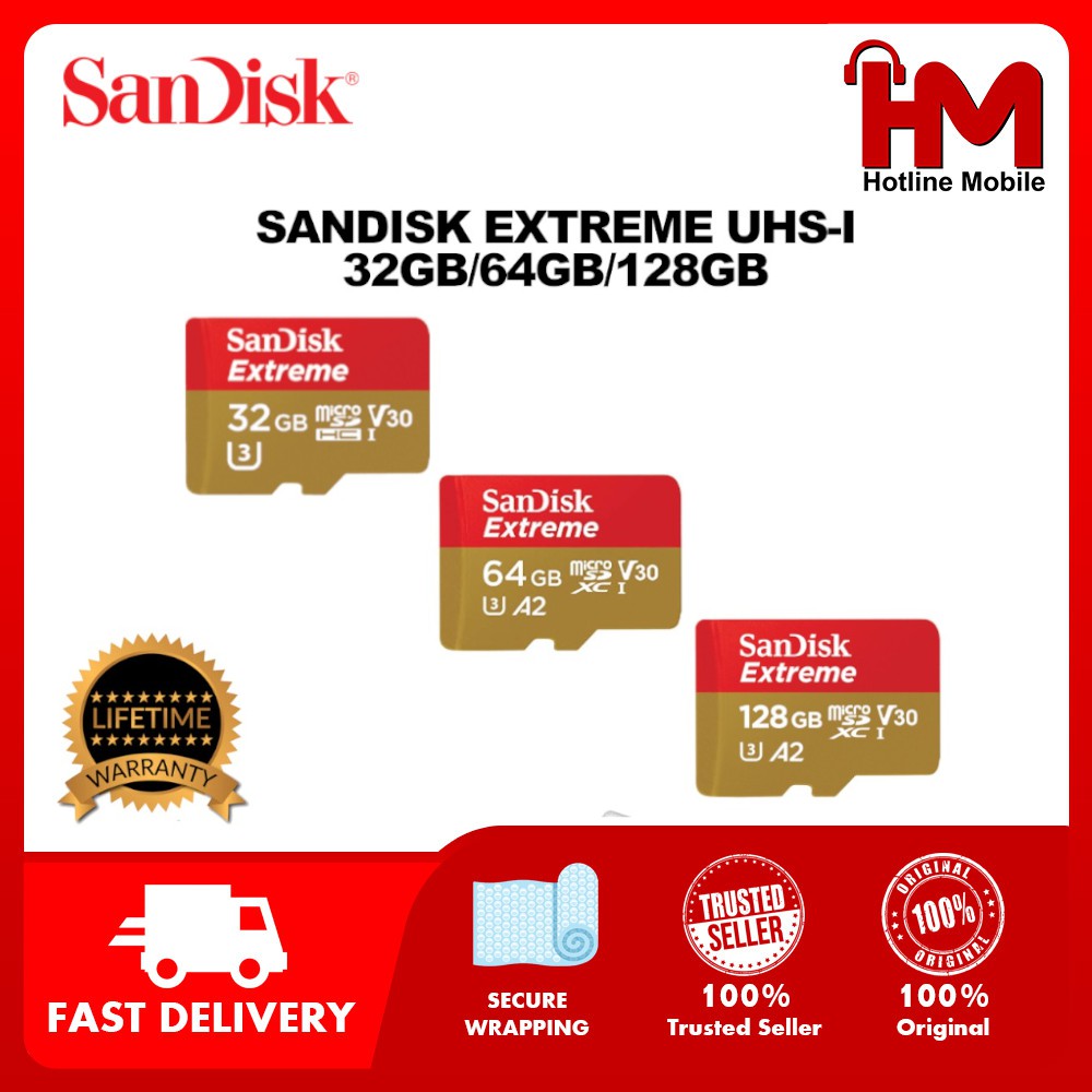 Sandisk Extreme Micro SD UHSI, C10, V30, U3, A1/A2 (100MB/S 160MB/S) (SDSQXAF) Shopee