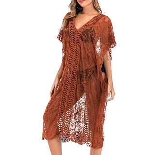 Long sleeve v-neck tunic Lace sexy beach dress See through women's swimsuit  cover up solid Female
