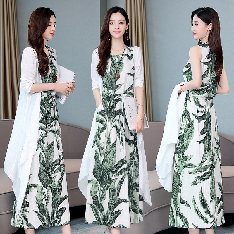 JS Women's Clothing Medium long print dress art cotton linen two piece match Plus Size Dress