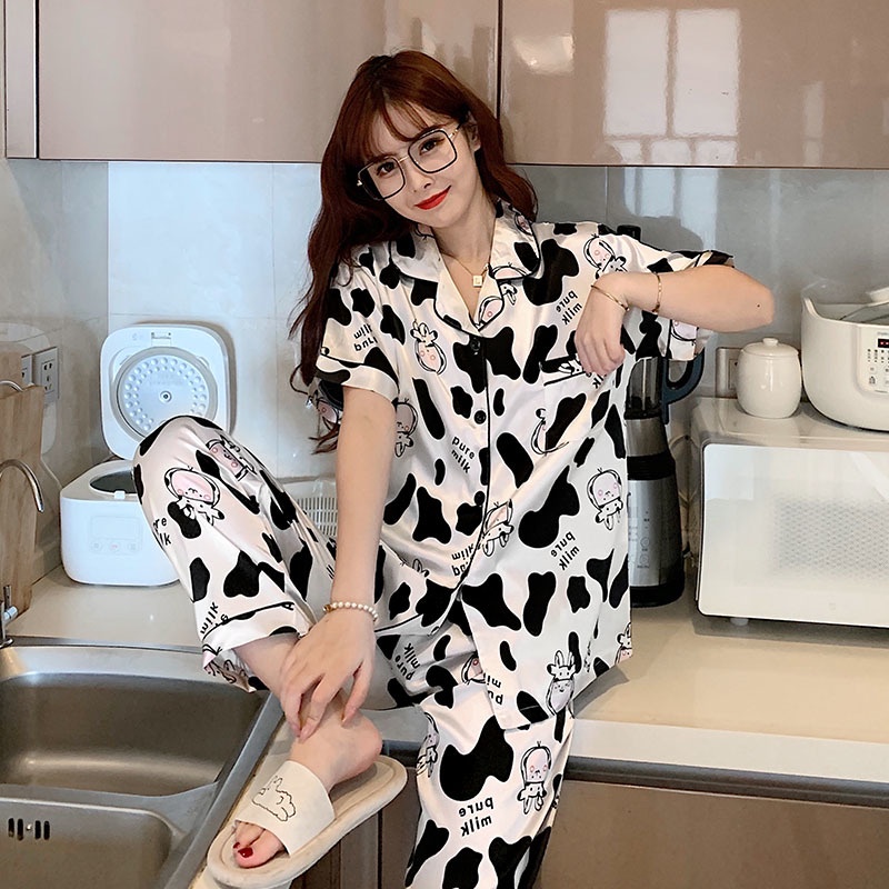 Women Pyjamas Satin Silk Sleep Wear Cow Print Short Sleeve Summer ...