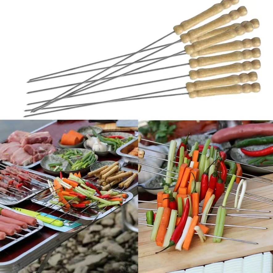 HL10PCS Barbecue Skewers Wooden Handle Stainless Steel BBQ Round Needle