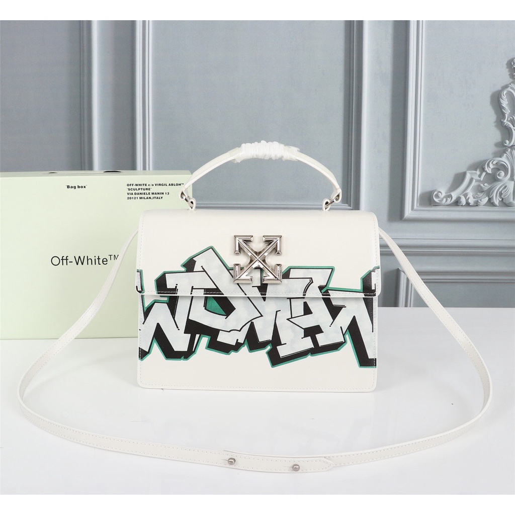 Off White Jitney 1.4 Fashion Graffiti Sling Bag Leather Small Square Bag Handbag