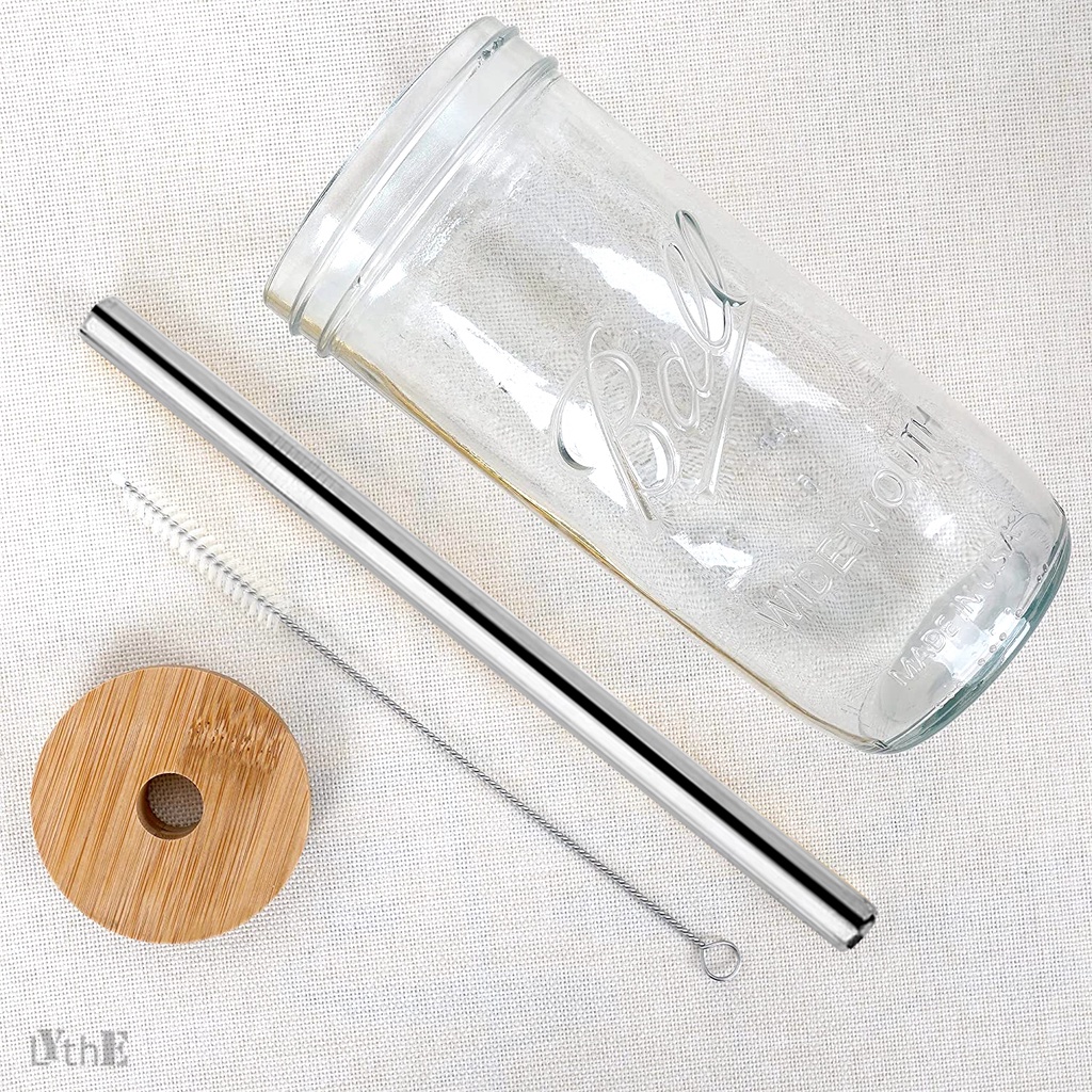 24oz Straw Cup with Wooden Lid Reusable Bubble Tea Glass Cup with Straw for  Smoothie Boba