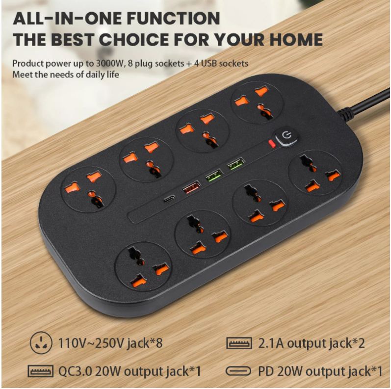 Tb-22 8.4A Universal Power Socket Extension With 8 Ac Sockets, 3 Usb ...