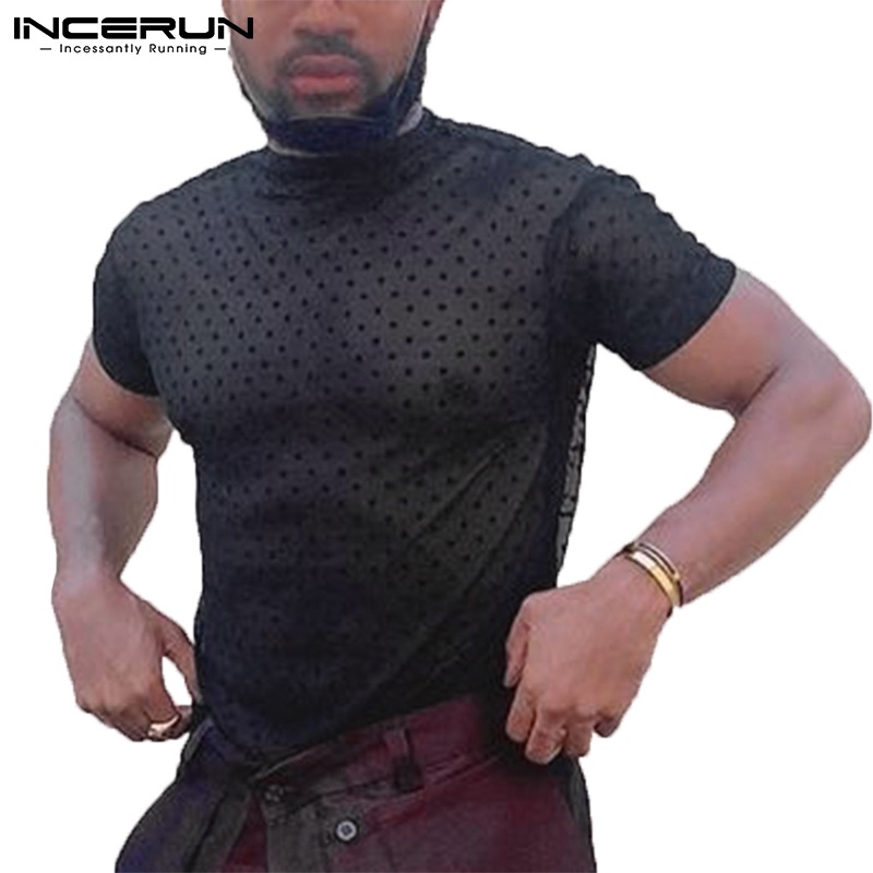 Incerun Men S Fashion See Through Polka Dot Short Sleeved Round Neck Tops Shopee Philippines