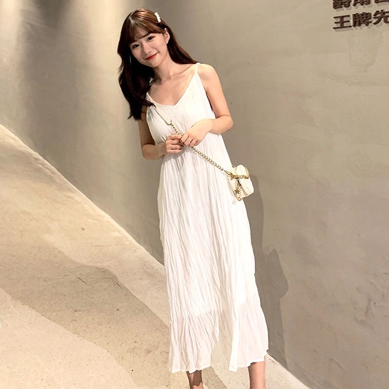 2023 NEW Chiffon suspender dress Wrinkled skirt Pleated white summer ...