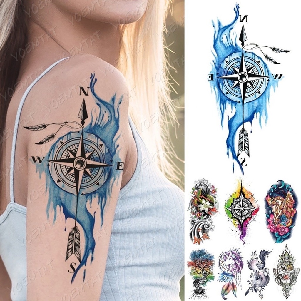 High Quality Waterproof Temporary Tattoo Sticker Blue Compass Arrow ...