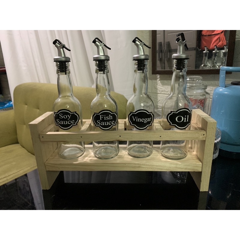 Wooden Rack with 4 Condiment Glass Bottles (for OIL,FISH SAUCE,SOY ...