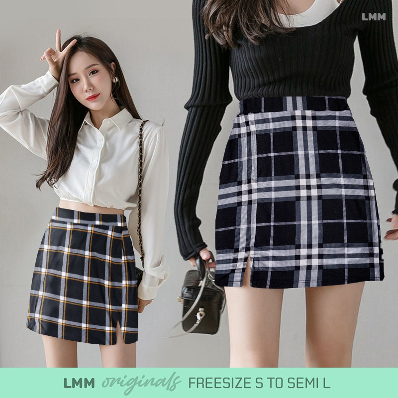 checkered plaid bodycon bandage skirt above the knee mini skirt with slit high waist woman B092 Shopee Philippines