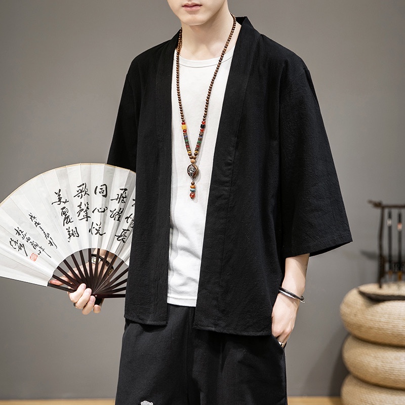 Couple Casual Short Sleeve Shirt For Men Chinese Style Men s Kimono Shirts Tops Tees Male Hanfu Retro Trend Plain Black Summer Simple Loose Clothing