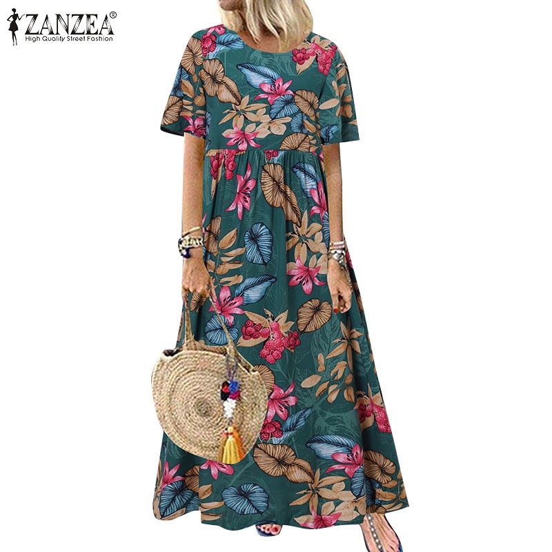 ZANZEA Women Casual Loose Short Sleeve Retro Print Long Dress | Shopee ...