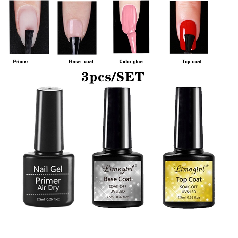 Limegirl 3 Pcs/Set Top Coat Base Coat and Primer Uv/LED Semi Permanent
