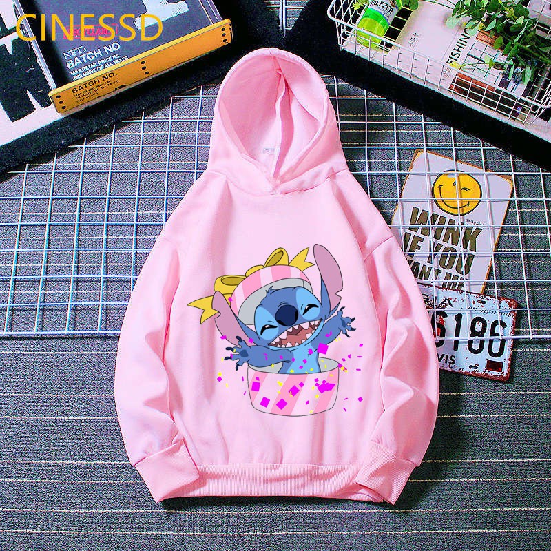 lovely lilo stitch cartoon print pink hoodie for kids clothes
