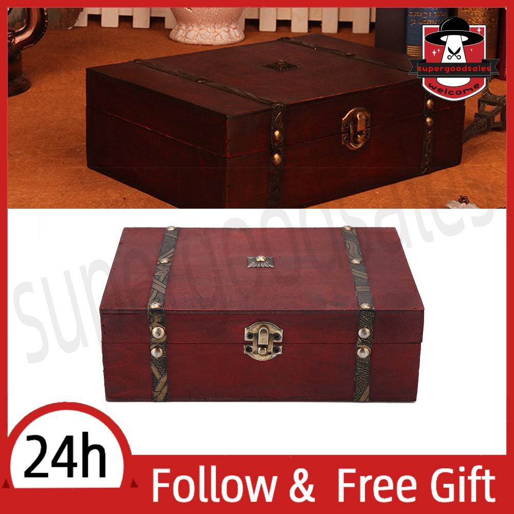 [Ready Stock] Wooden Jewelery Treasure Box Keepsake Storage Chest Lock ...