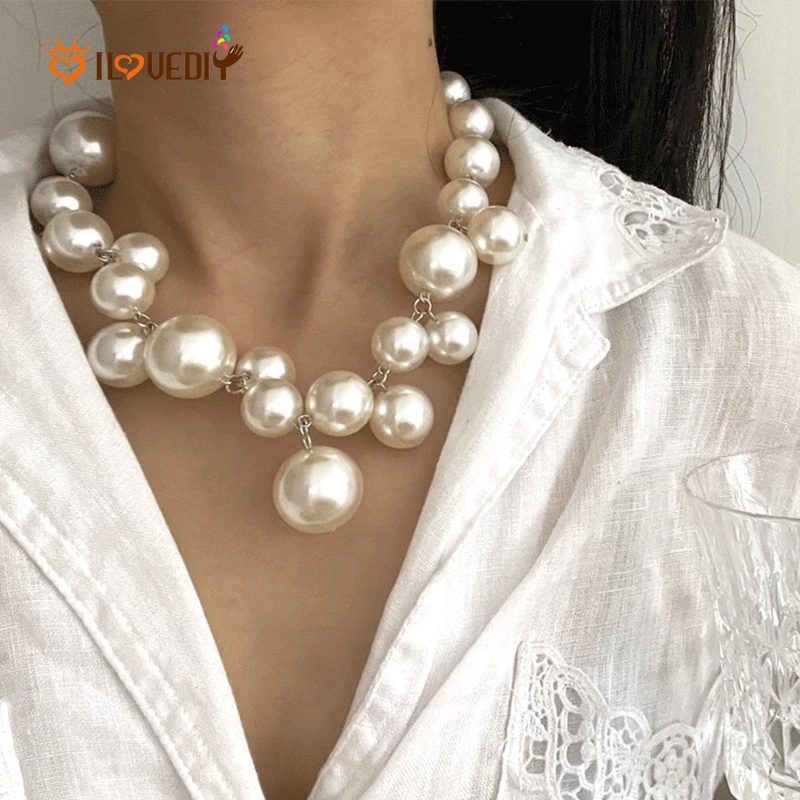 Women French Vintage Exaggerate Big Pearl Choker Necklace Ladies Elegant Temperament Clavicle Chain Necklace Girlfriends Wedding Party Jewelry