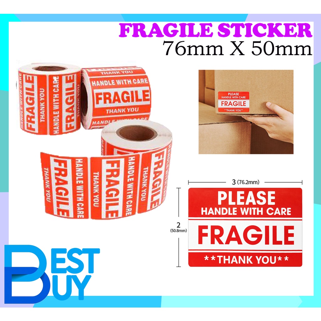 Fragile Sticker 500 Pcs/Roll 76 x 51 mm / 2 x 3 inches SELF ADHESIVE ...