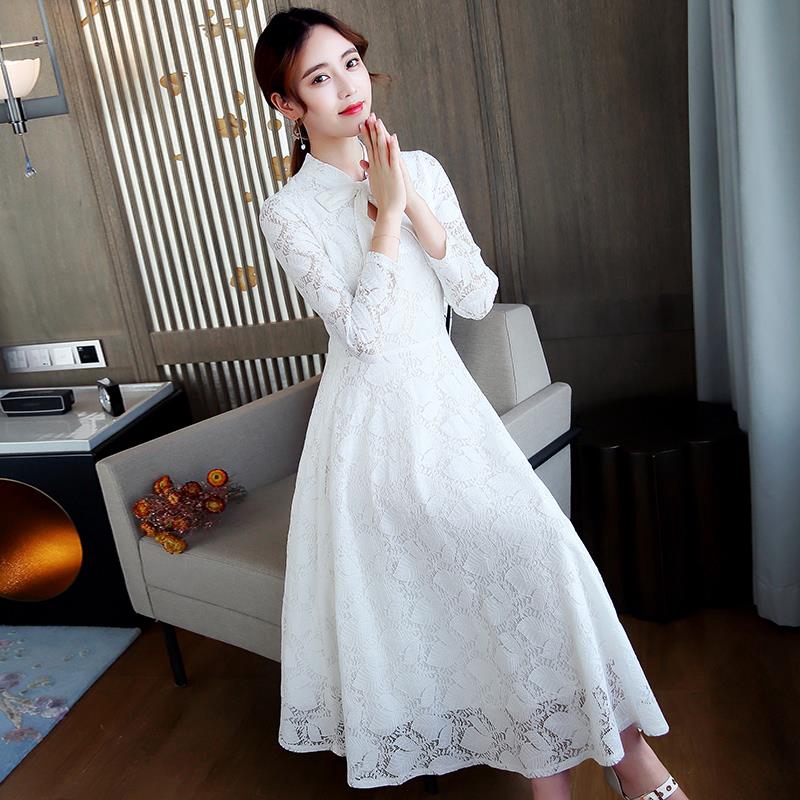 @Pink Girl@ Bow hollow Slim lace long sleeves white dress women New ...