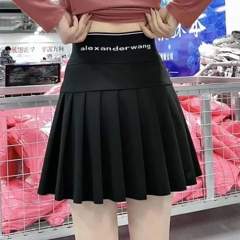 Pleated Skirt Women New High Waist a-Line Skirt Black