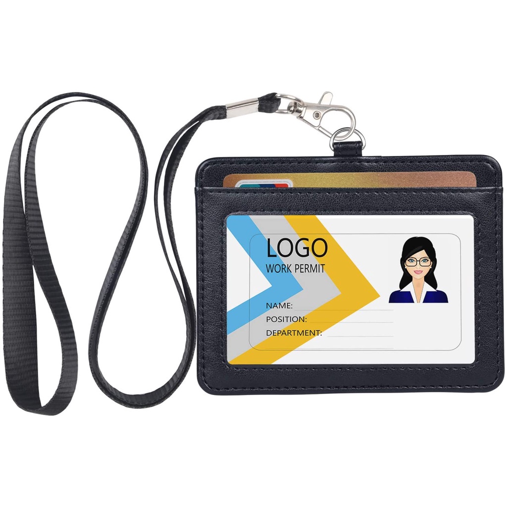 1Pc PU Leather Horizontal ID Badge Holder with 1 Clear ID Window & 1 ...
