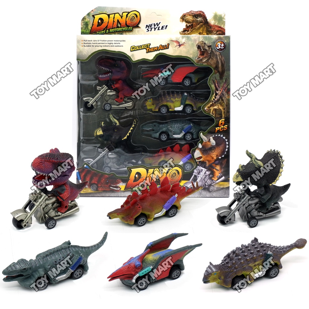 6PC/SET Dino Race Car & Motorcycle Jurassic Dinosaur Pullback Vehicles