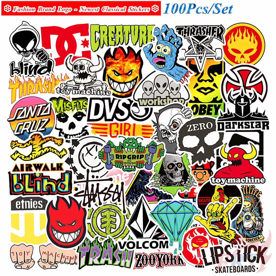 100pcs Skateboard Brands Logos Themed Waterproof Sticker Pack