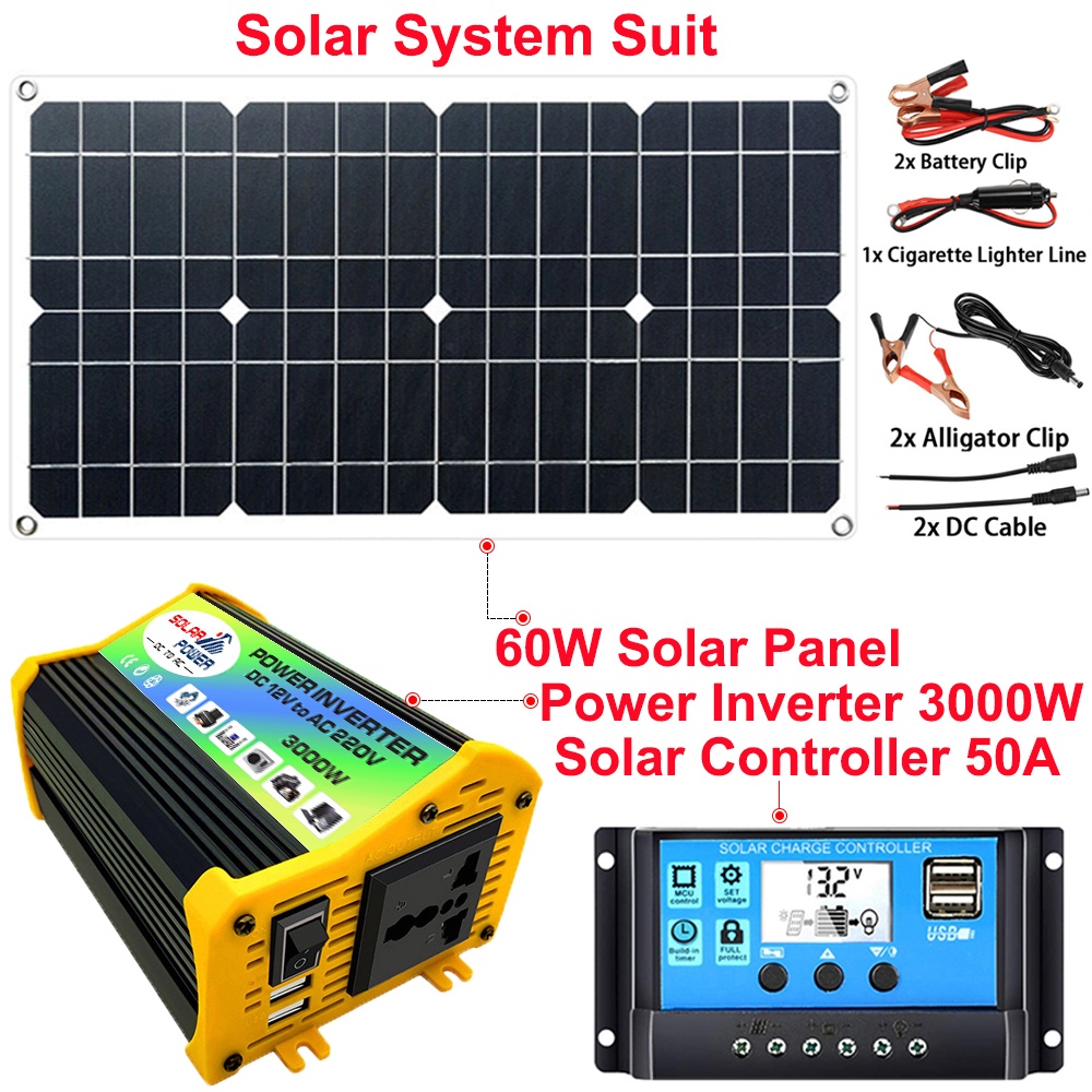 Solar System 60W Solar Panel+3000W Power Inverter 12V to 220V +50A ...