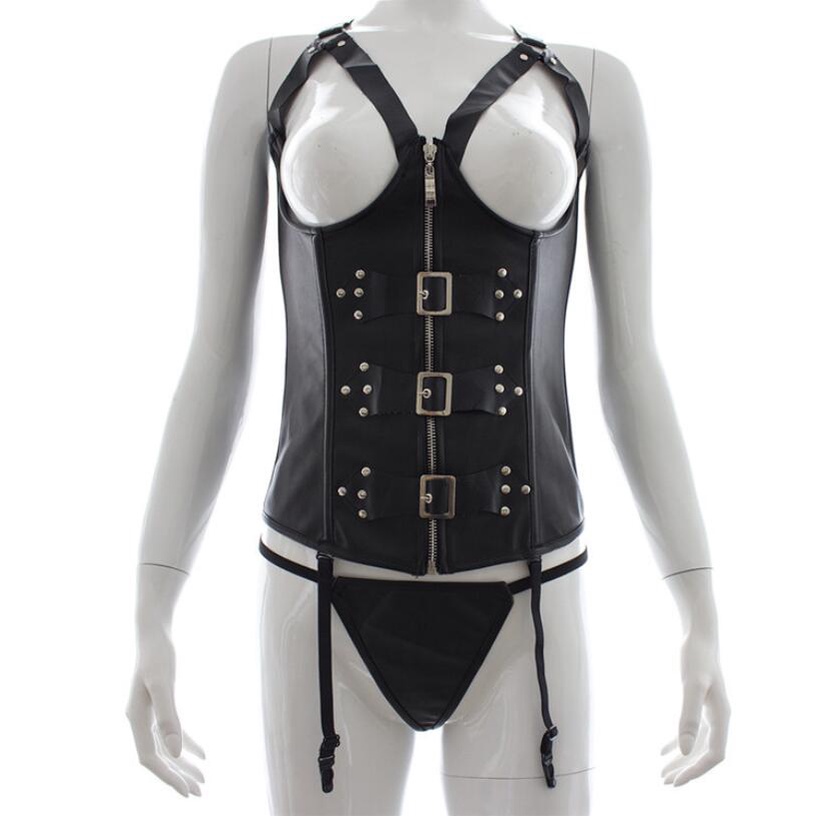 Sexy Leather Women Cupless Corset Lingerie Harness Thong+Garter Costume ...