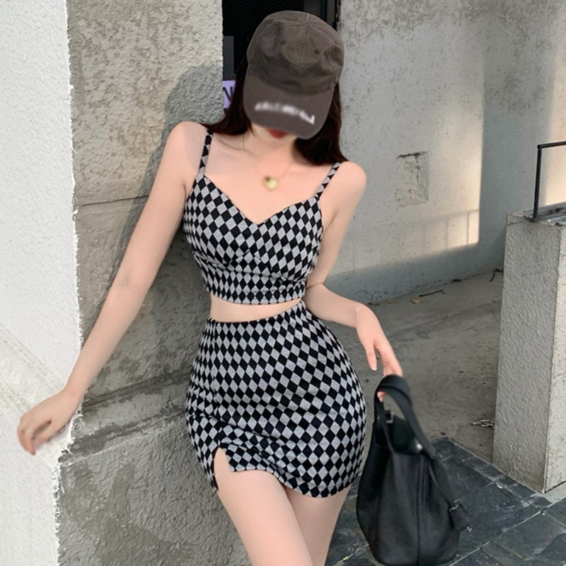 Women's Sexy Knit Sling Plaid V-Neck High Waist Pack Hip Skirt Two ...