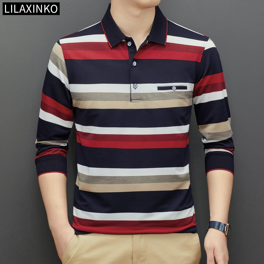 2 Color Polo Shirt Men Clothing Cotton Graphic Striped Stripe Basic Long  Sleeve T Shirt Top Shirts Casual Classic Autumn Winter Fashion Clothes