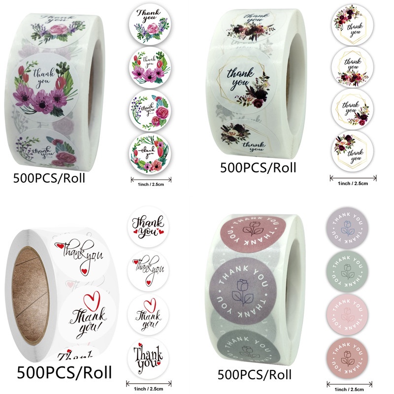 500pcs/roll 1 Inch Round Floral Thank You Stickers Scrapbooking For ...