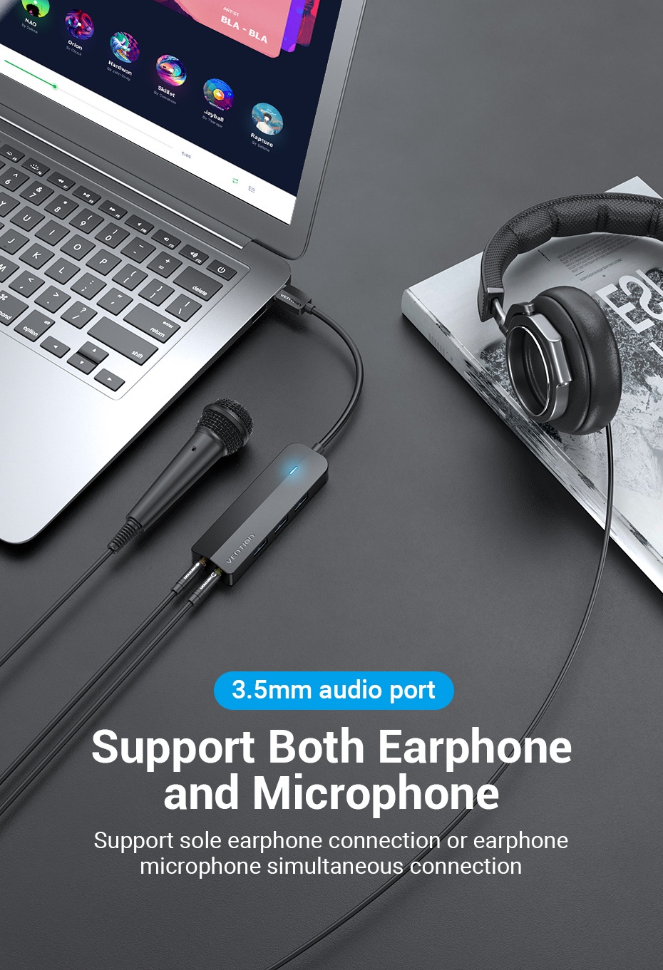 Vention USB 3.0 Hub 3 USB Ports Sound Card with 3.5mm Po&Mic 5Gbps High ...