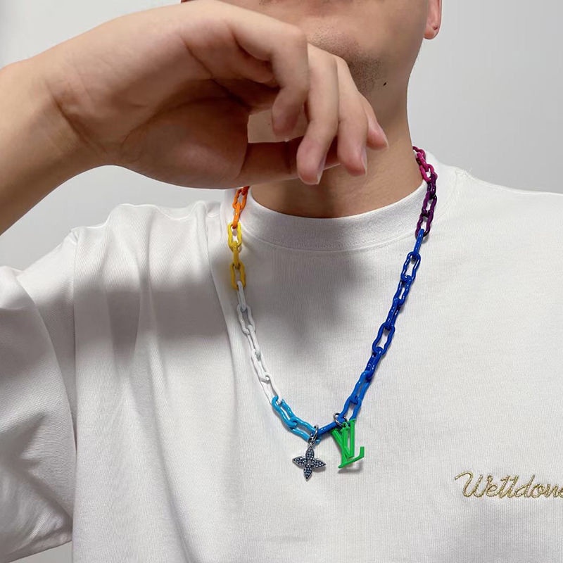 LV L's New Limited Edition Rainbow Colorful Necklace Men's And Women's  Titanium Steel Hardened Cuban