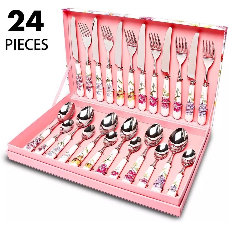 ceramic spoon and fork knife cutlery set ceramic floral gift box