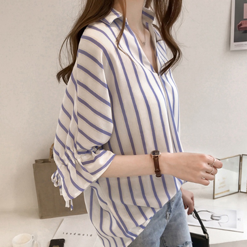 M-4XL Korean Style Women V-neck Short Sleeve Blouse Stripe Shirt Casual ...