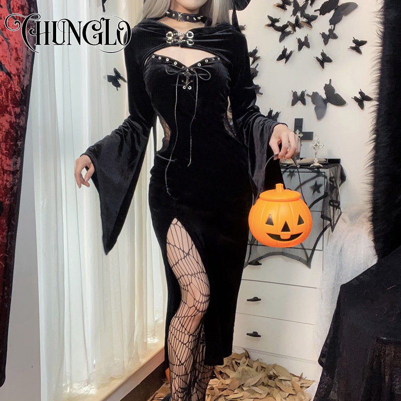 Long Dress Suit With Hat See Through Velvet Lace Cutout High Slit Long Sleeve Button Lace-up Party Dress main image 1