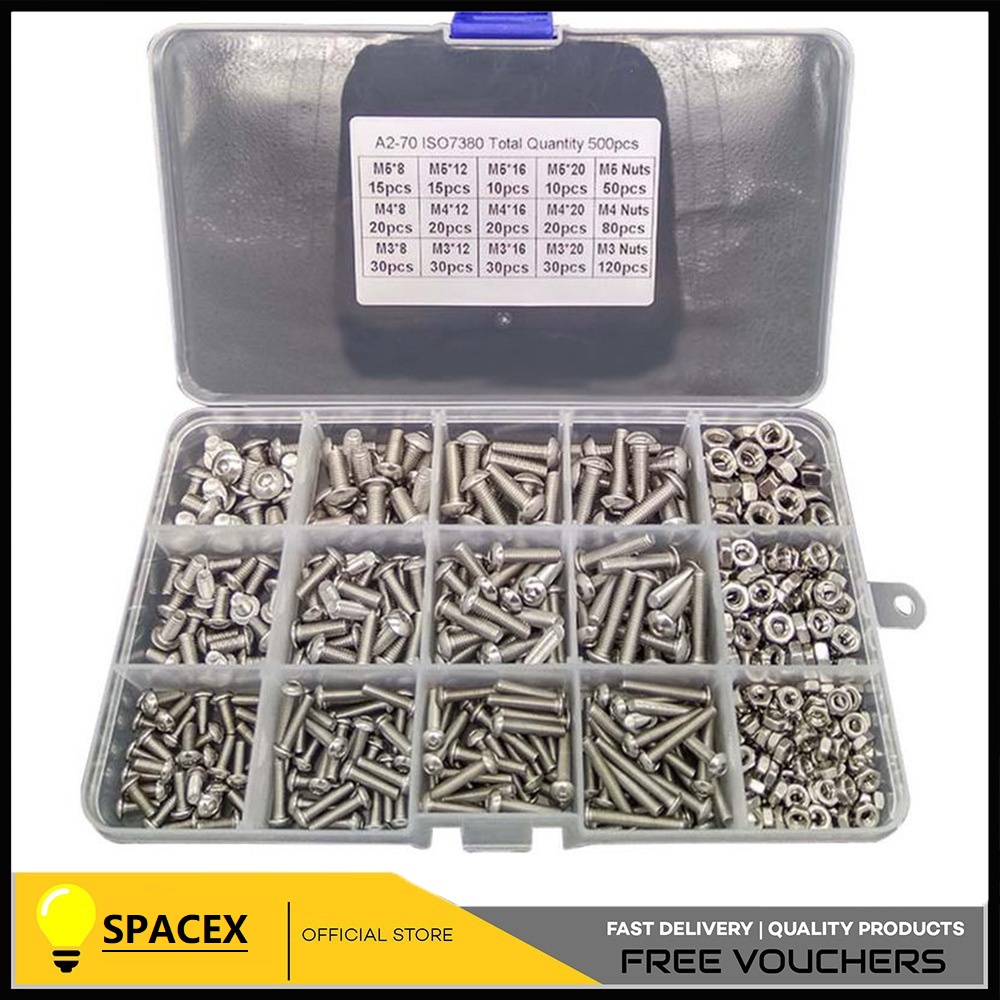 Screw and Nut Kit,Machine Screw and Nut Kit, 500 Pcs M3 M4 M5 Stainless