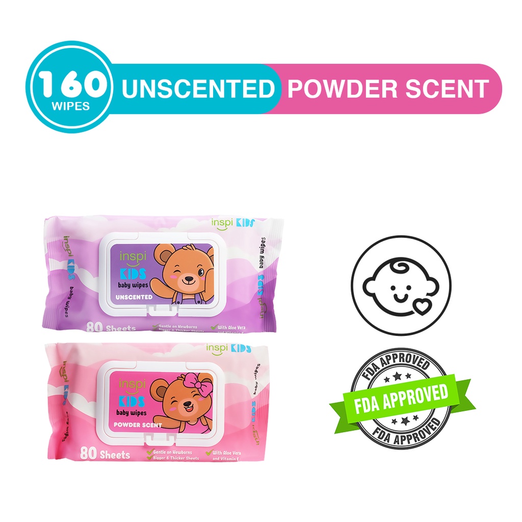 INSPI Babies Baby wipes Unscented and Powder Scent 80 Tender sheets 1 Pack each Wet Wipes for