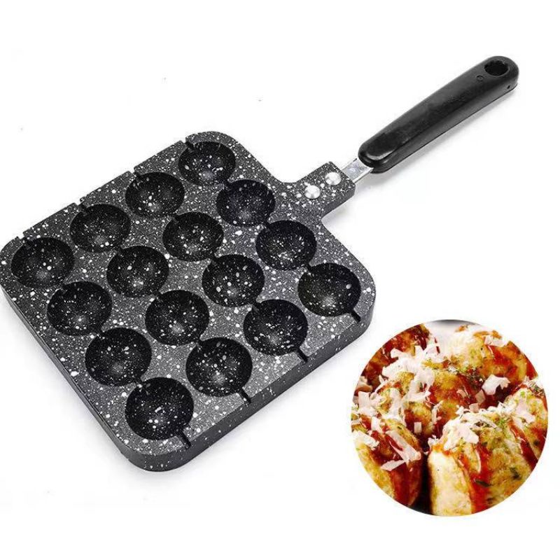 Poêle à Takoyaki En Fonte 14 Cavités – Anti-adhésive Avec Poignée Amovible Pour Boulettes Octopus Balls