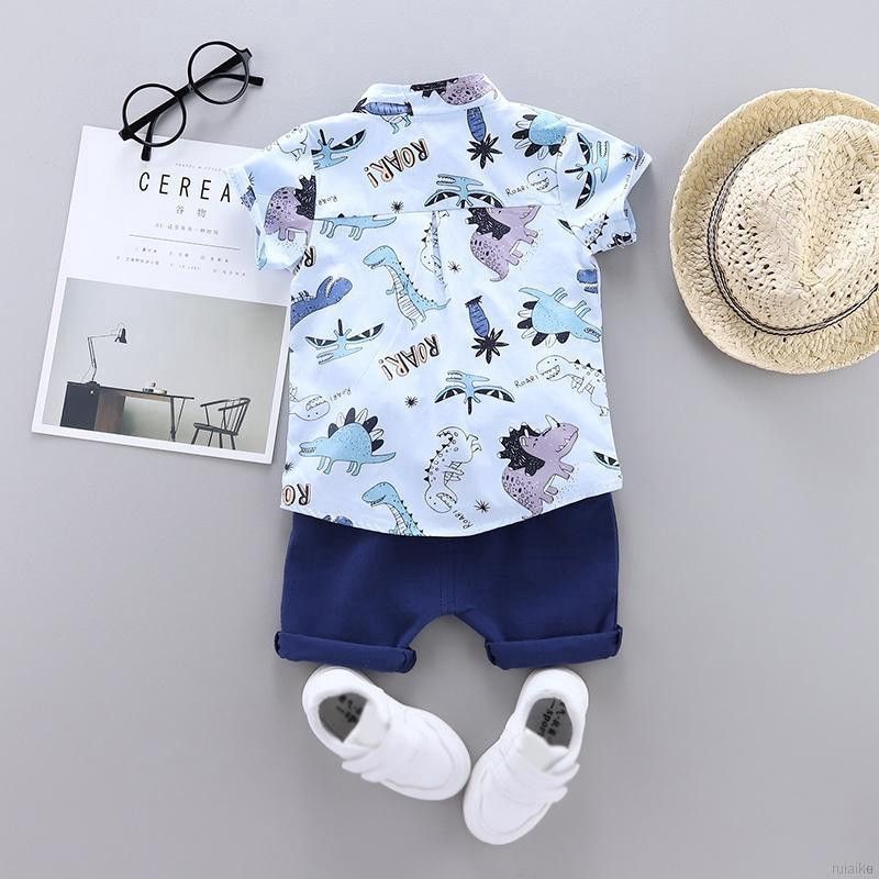 Dinosaur Polo Shirt & Shorts Baby Set – Sky Blue & Beige