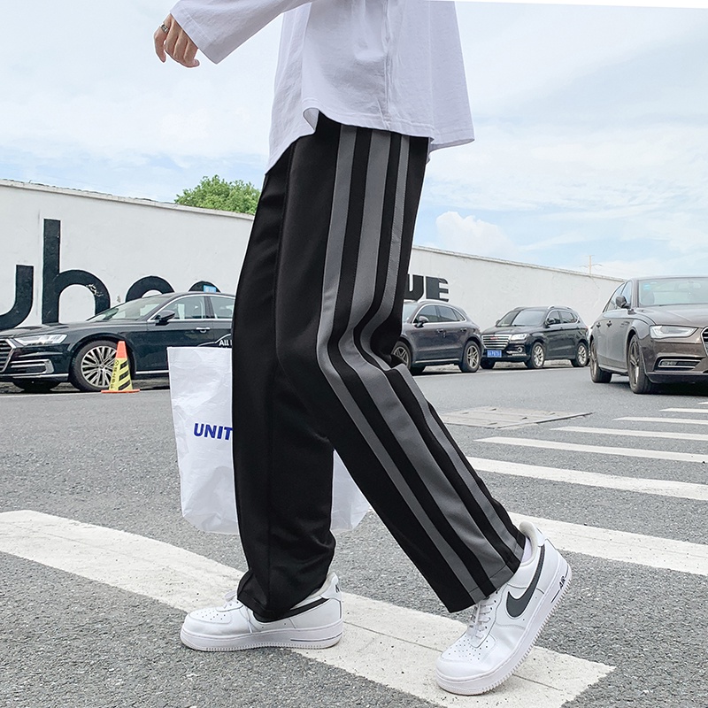 Black Striped Pants Men Korean Loose Straight Trousers Fashion