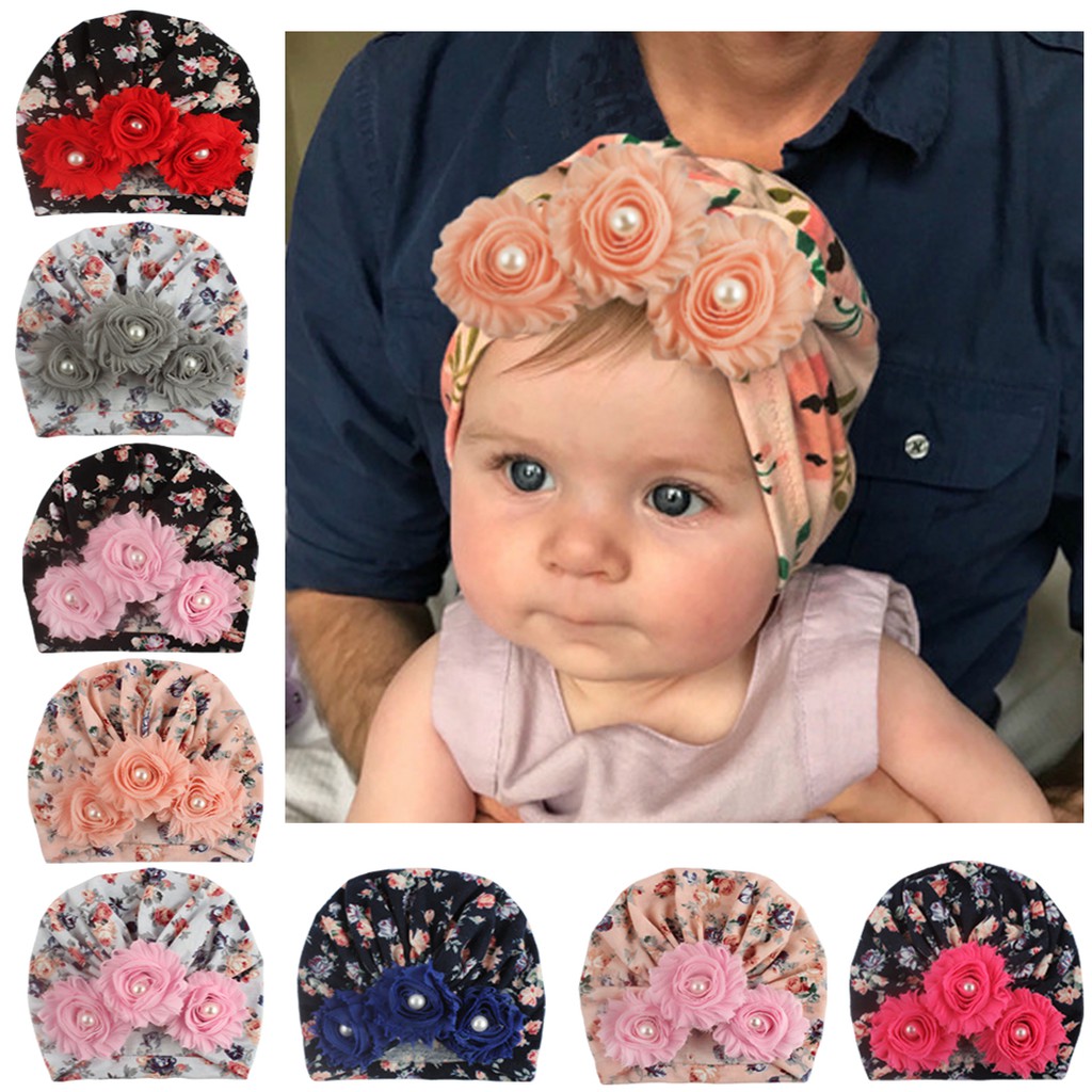 Baby Girls Headband Flower Pearl Design Hat Newborn soft Caps Infant ...