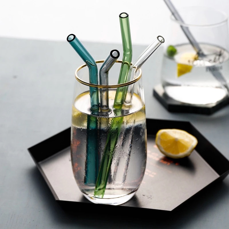 6pcs Glass Straws With Colored Small Flower + 2pcs Cleaning Brush