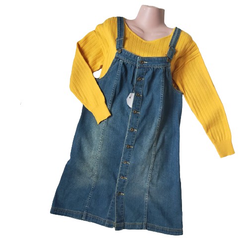 knee length dresses for ladies Succubus Clothing Hailey Denim Pinafore Flare Dress Navy