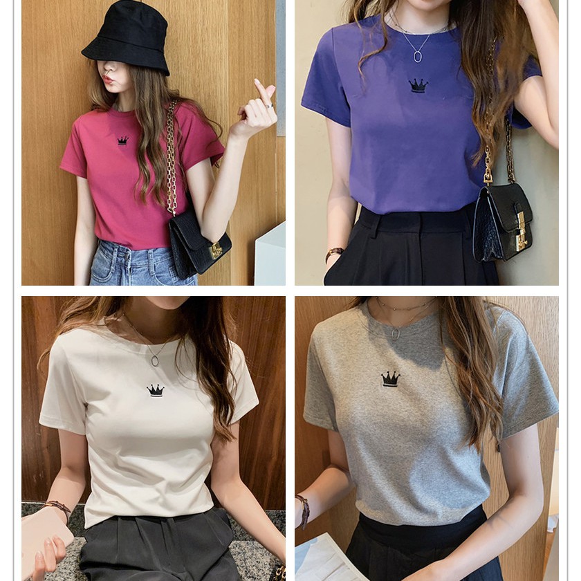 R&O Slim Style Korean Casual Crown embroidered Round Neck T-shirts For ...