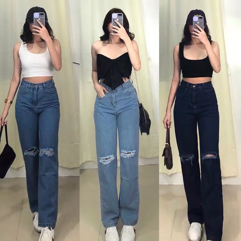 Korean Style Casual Attire Tattered Knee Cut High Waist Wide Leg Mom ...