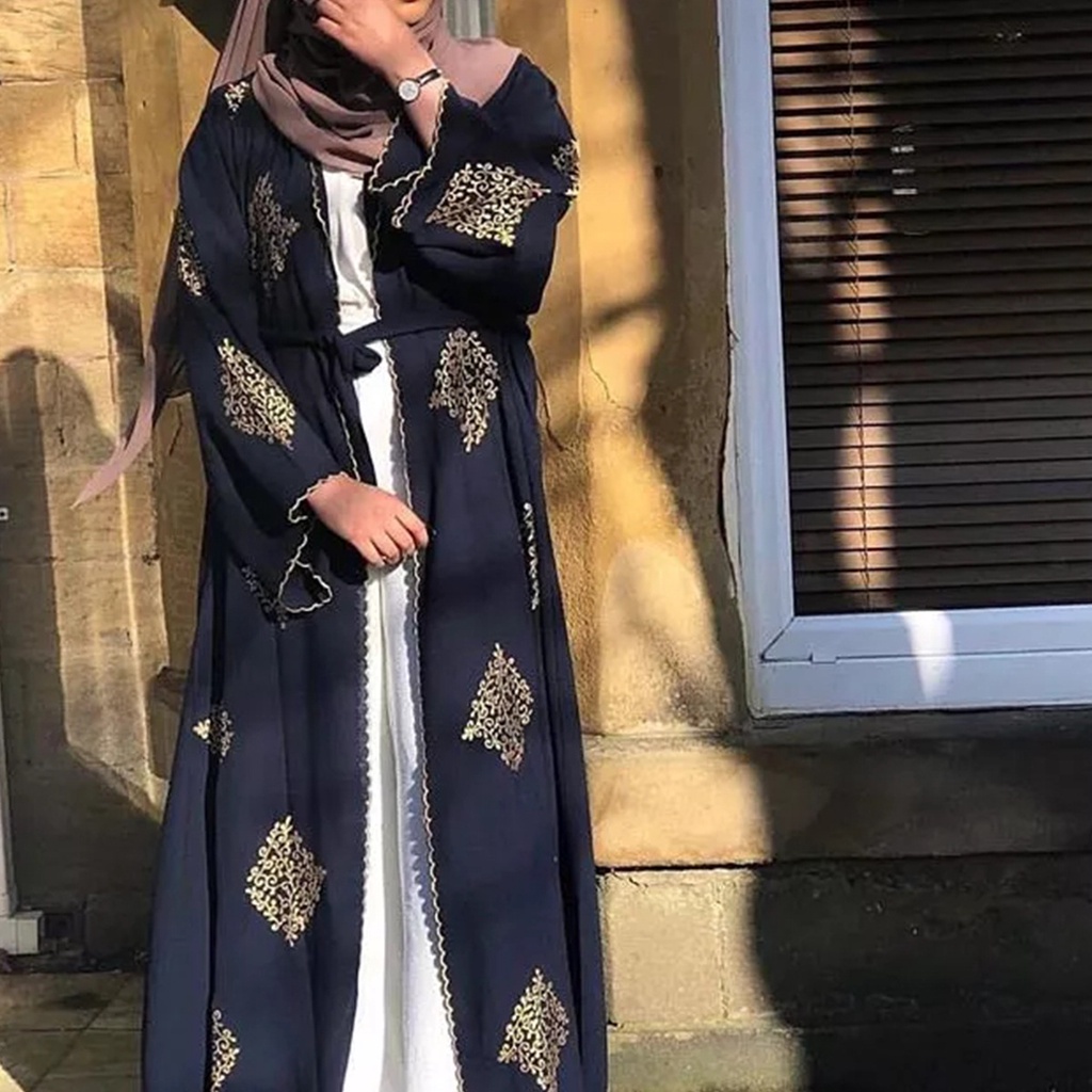 Gold Line Embroidery Cardigan Dubai Robe Abaya Muslim Women wear dress ...