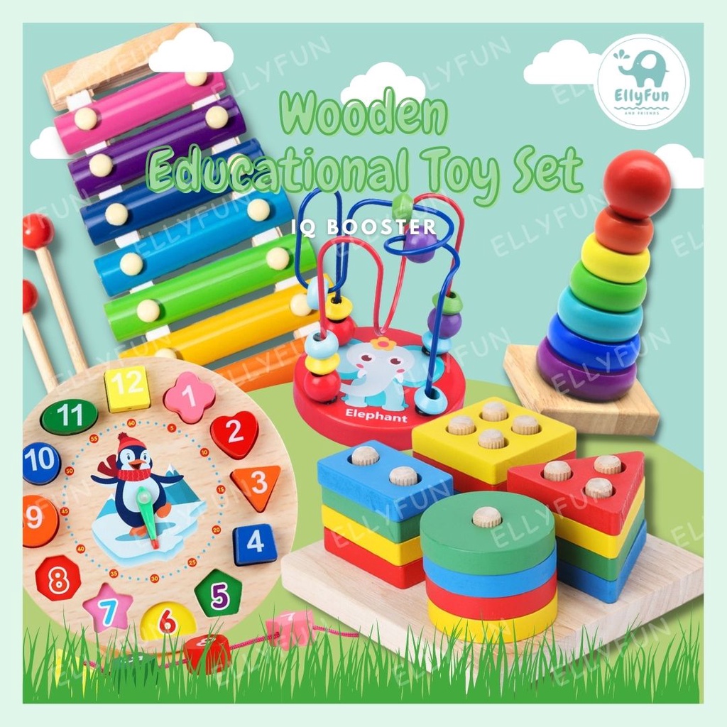 Ellyfun Wooden Educational Toy Gift Set Shape Sorter Toys for Kids